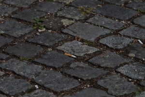 Pflasterstein mit Zigarettenkippe Pflasterstein mit Zigarettenkippe